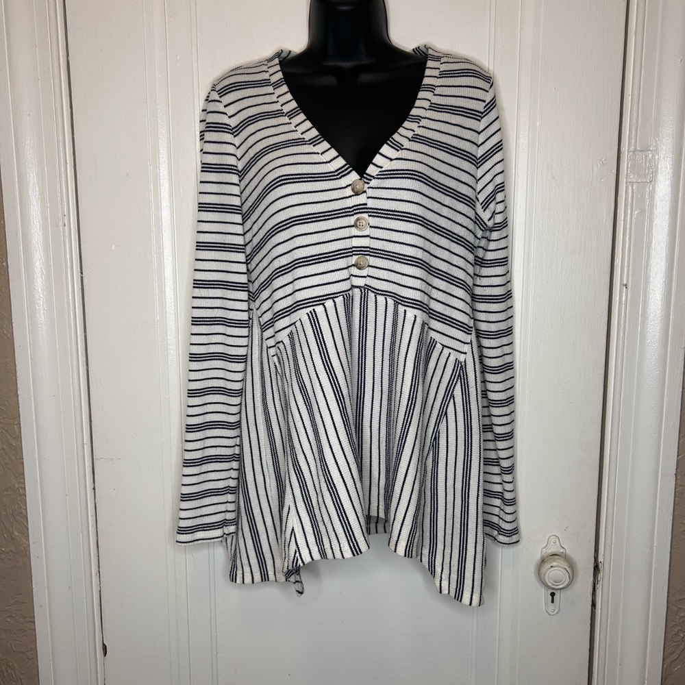 Maeve Black and White Striped Waffle Button Down Shirt